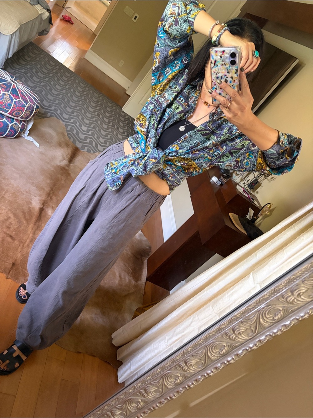 Vintage City Streets Multicolor Silk Button-Up Shirt in Teal, Mustard & Purple